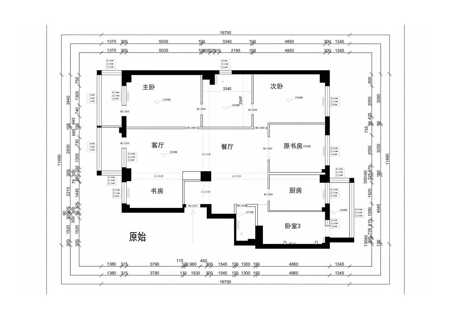 结构图：整体结构规矩，但缺少公共活动空间，分割的比较零碎，房屋高度偏低的同时，有大量的房梁横竖交错，使整体空间很压抑。