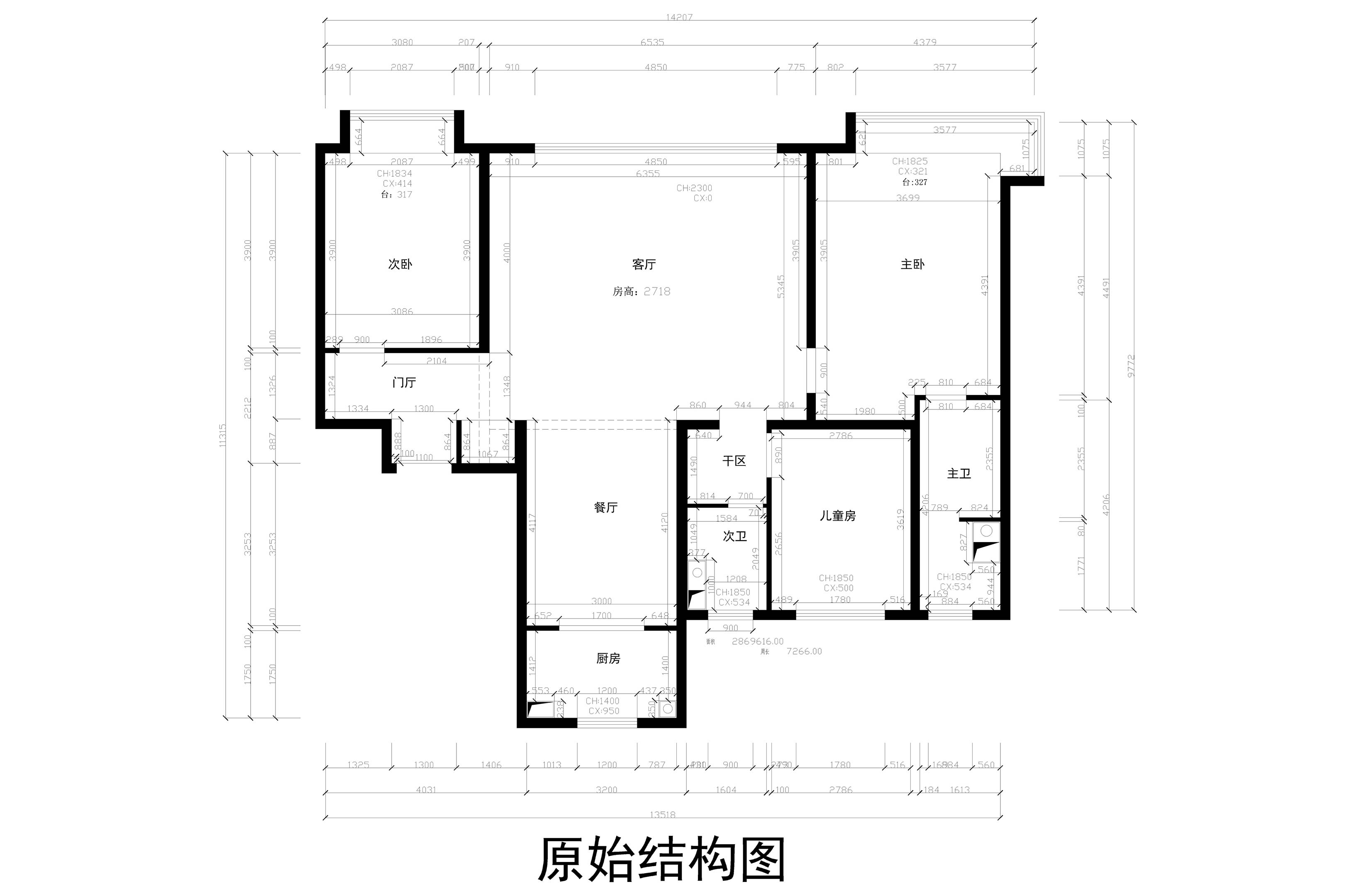 结构图：房子空间分布较为合理，但是作为五口之家，缺少储物空间。厨房门关上后通透性相对较差。入户落尘区成门厅空间浪费。