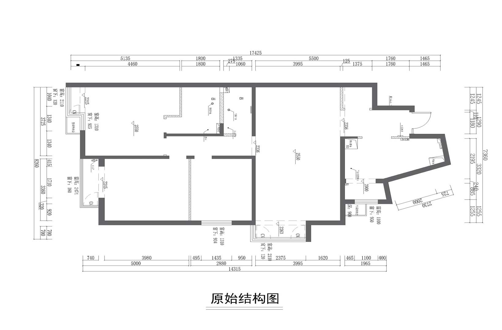 结构图：整体改造基本上拆除了原本的结构面貌，运用借位设计重新布局。