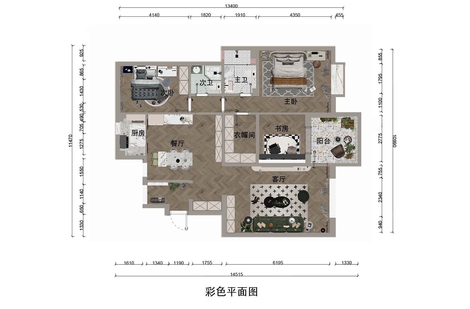 原户型功能区域划分较为合理，采光充足，只有原客卧区域与与阳台隔墙而设。显得稍有昏暗。根据客户的使用需求，此区域规划为书房（下称书房）